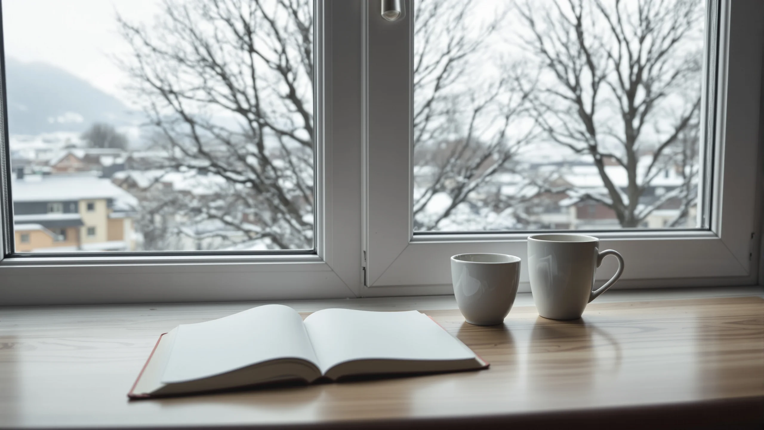 Aufgeschlagenes leeres Notizbuch und zwei Tassen auf einer Fensterbank über verschneiten Dächern