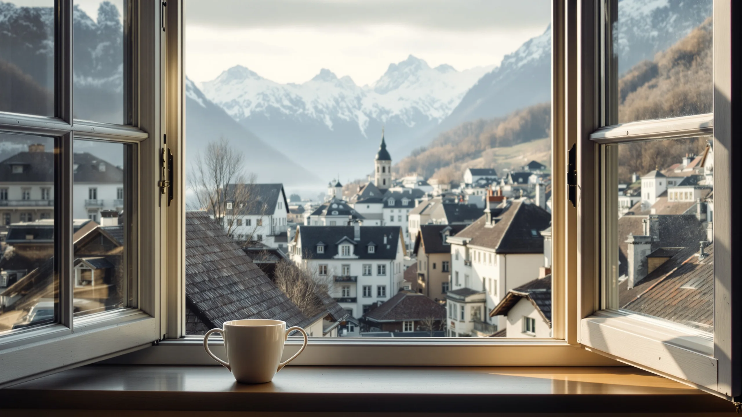 Fensterplatz mit Kaffeetasse im Morgenlicht über den Dächern einer Schweizer Stadt