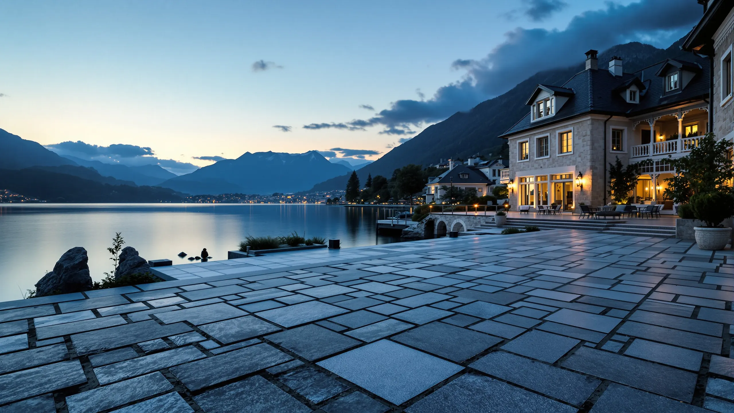 Weite Steinterrasse eines Seehauses in der Abenddämmerung