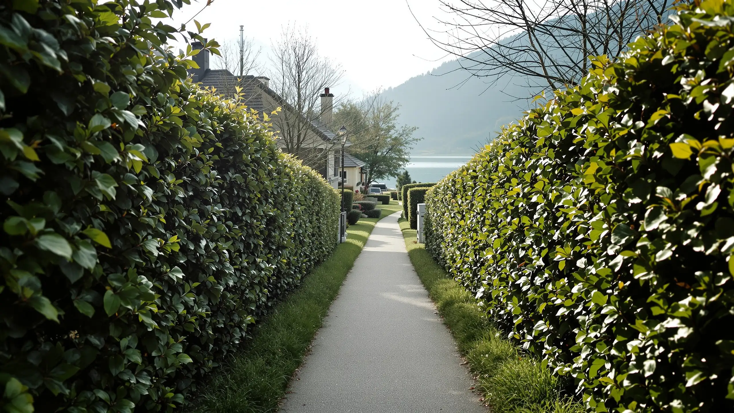 A narrow footpath between garden fences down to a still lakeshore