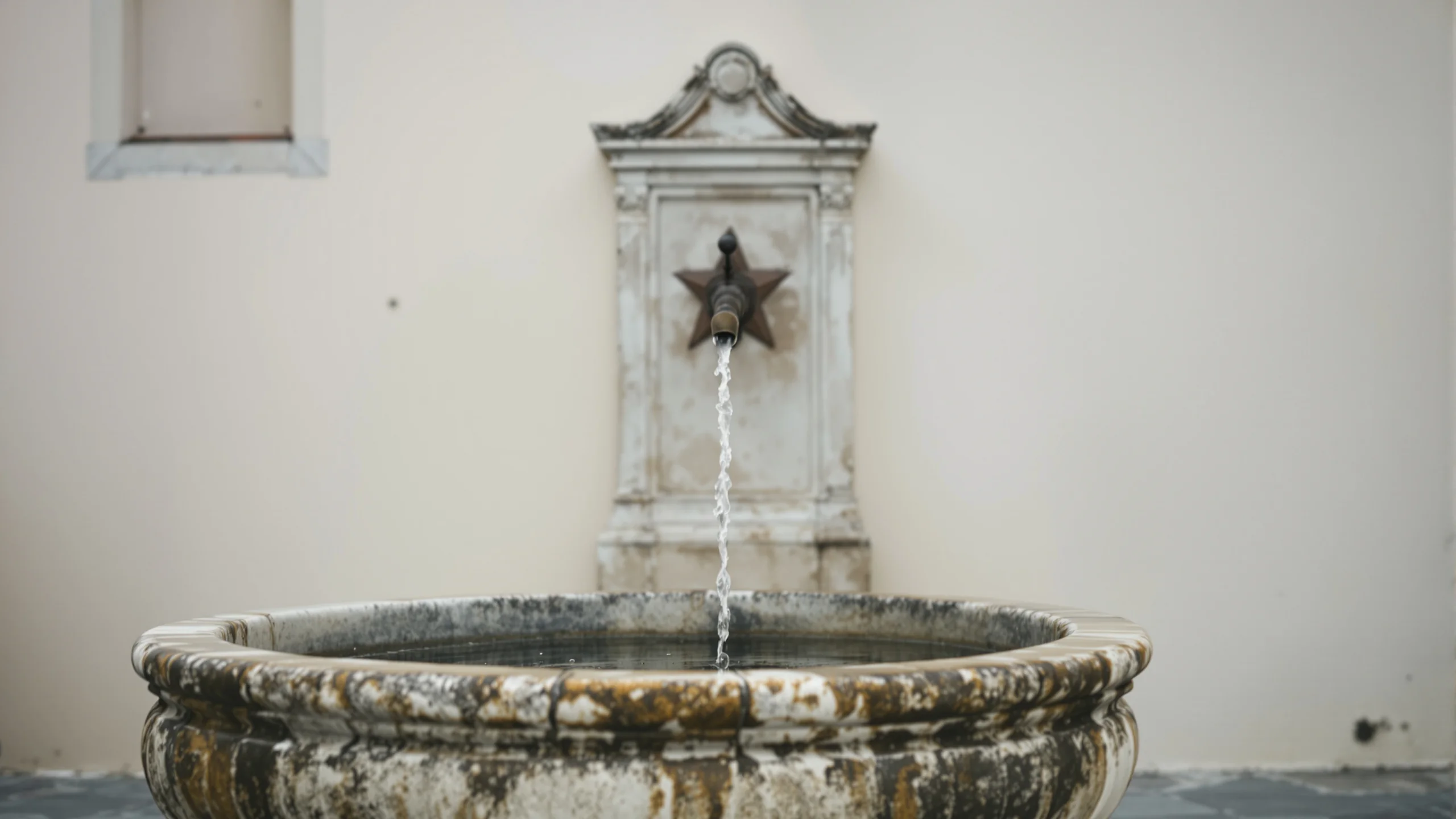A weathered stone wall fountain, a thin jet of water falling into a worn basin