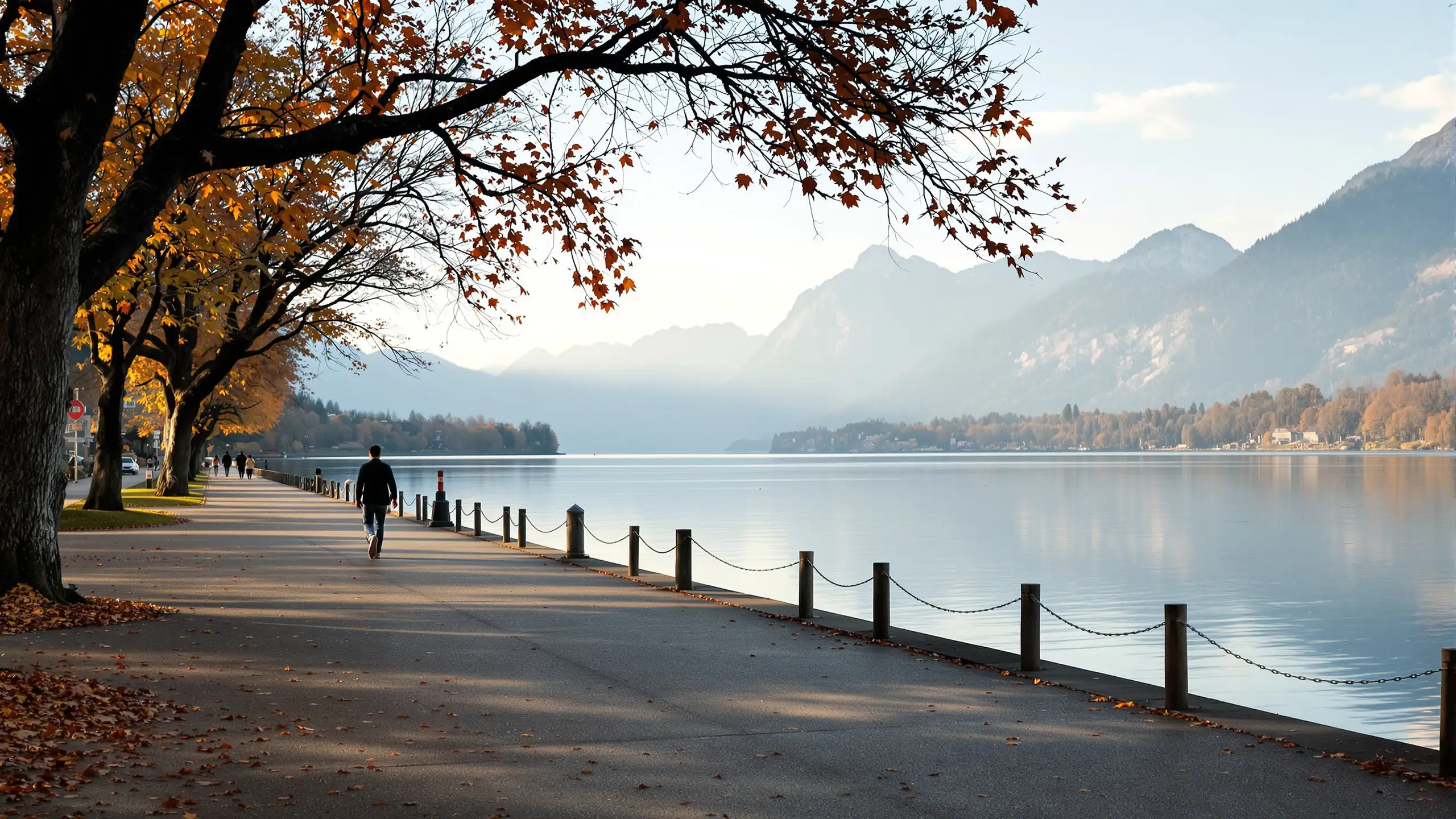 An autumn lakeside promenade under plane trees, one person walking into the distance