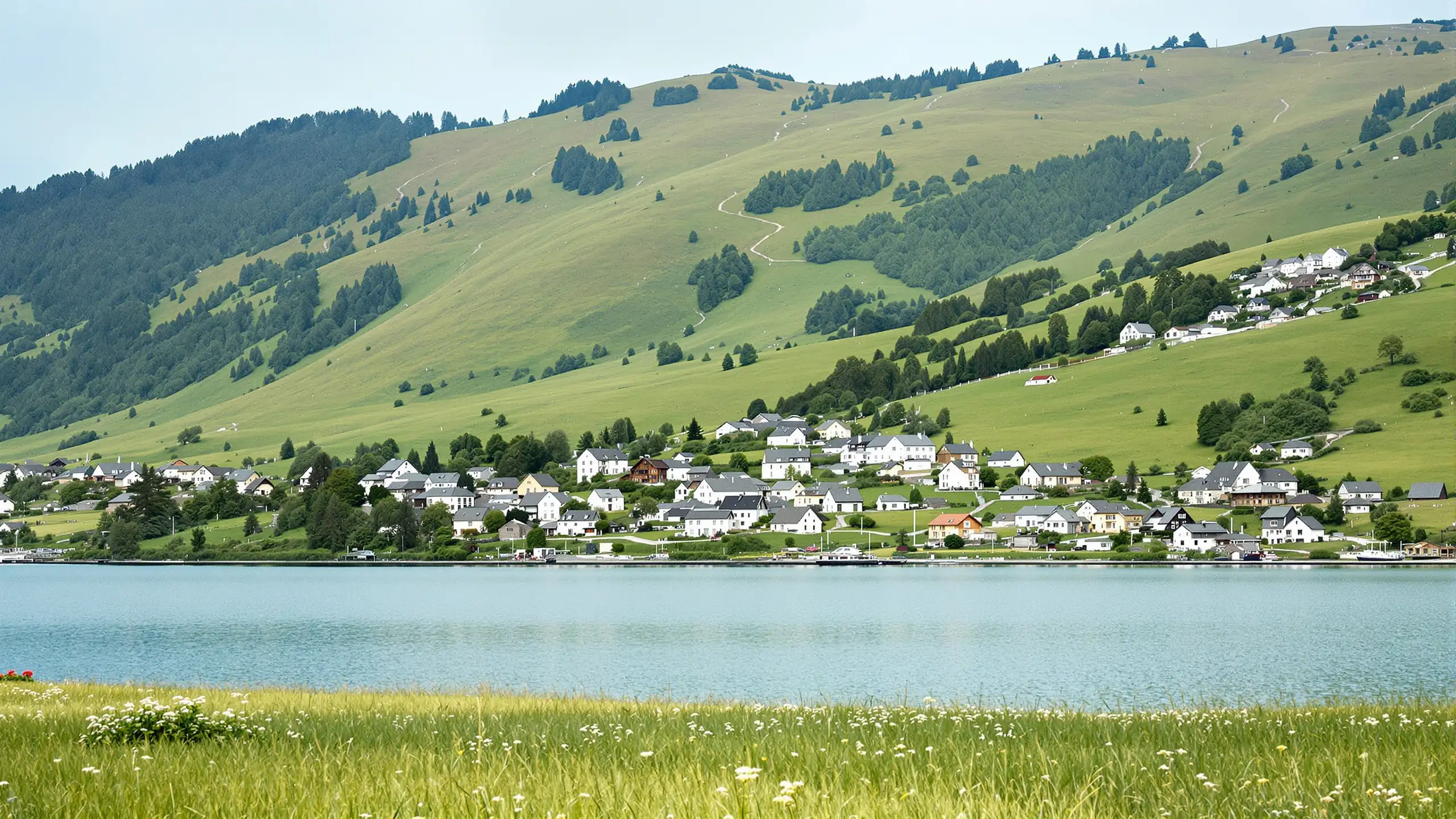 Häusergruppe an einem sanften Hang über einem weiten See