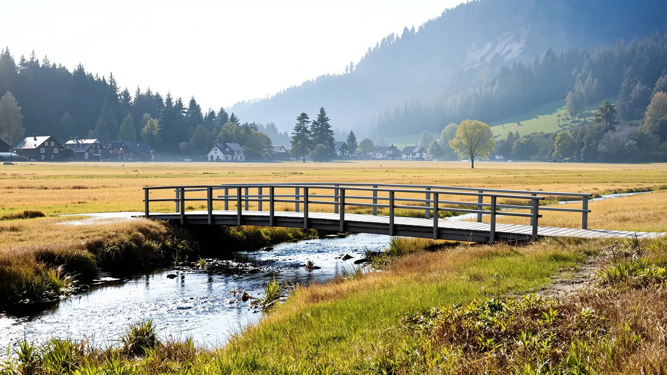 A wooden footbridge over a stream at the edge of a Swiss village in morning light