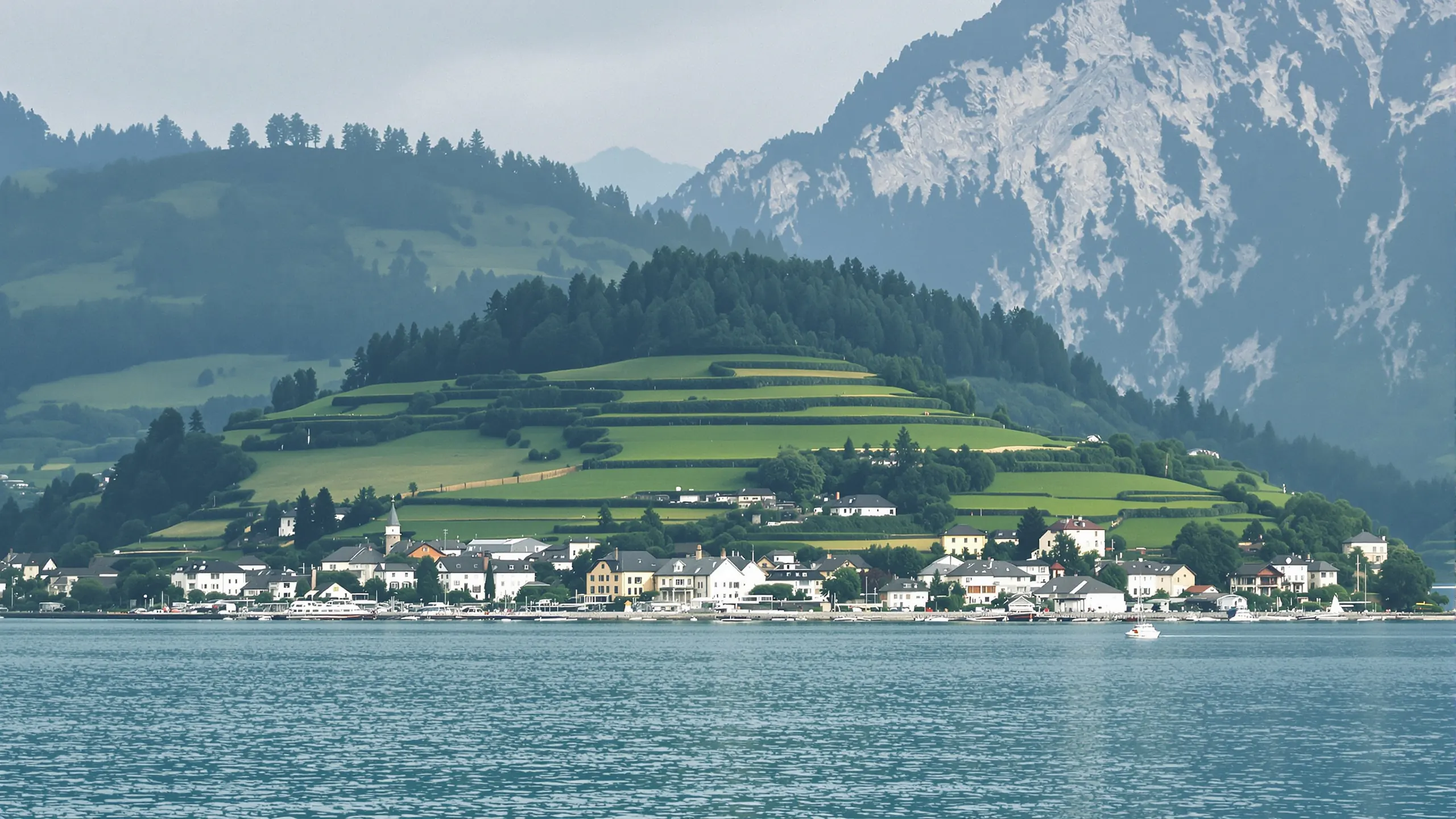 Three terraces of village houses climbing a green slope above the lake