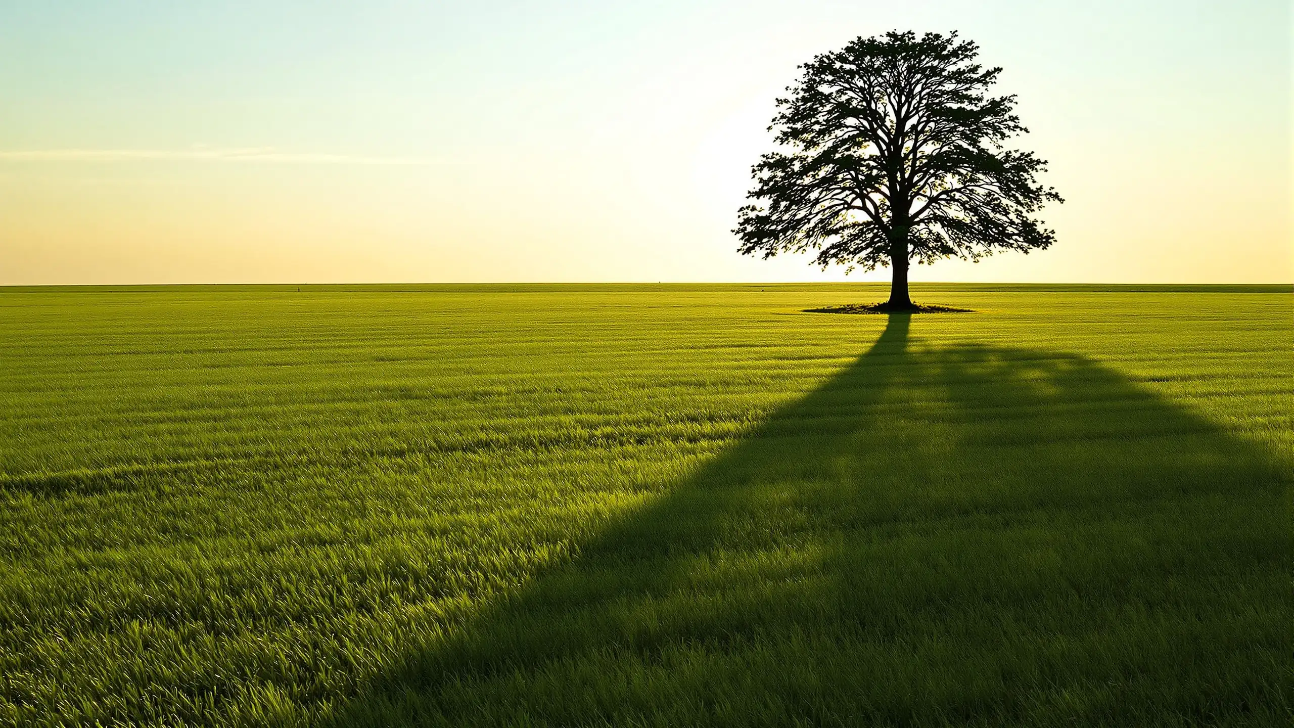 Langer Schatten eines hohen Baums reicht im tiefen Abendlicht weit über eine gemähte Wiese, der Baum selbst am Bildrand