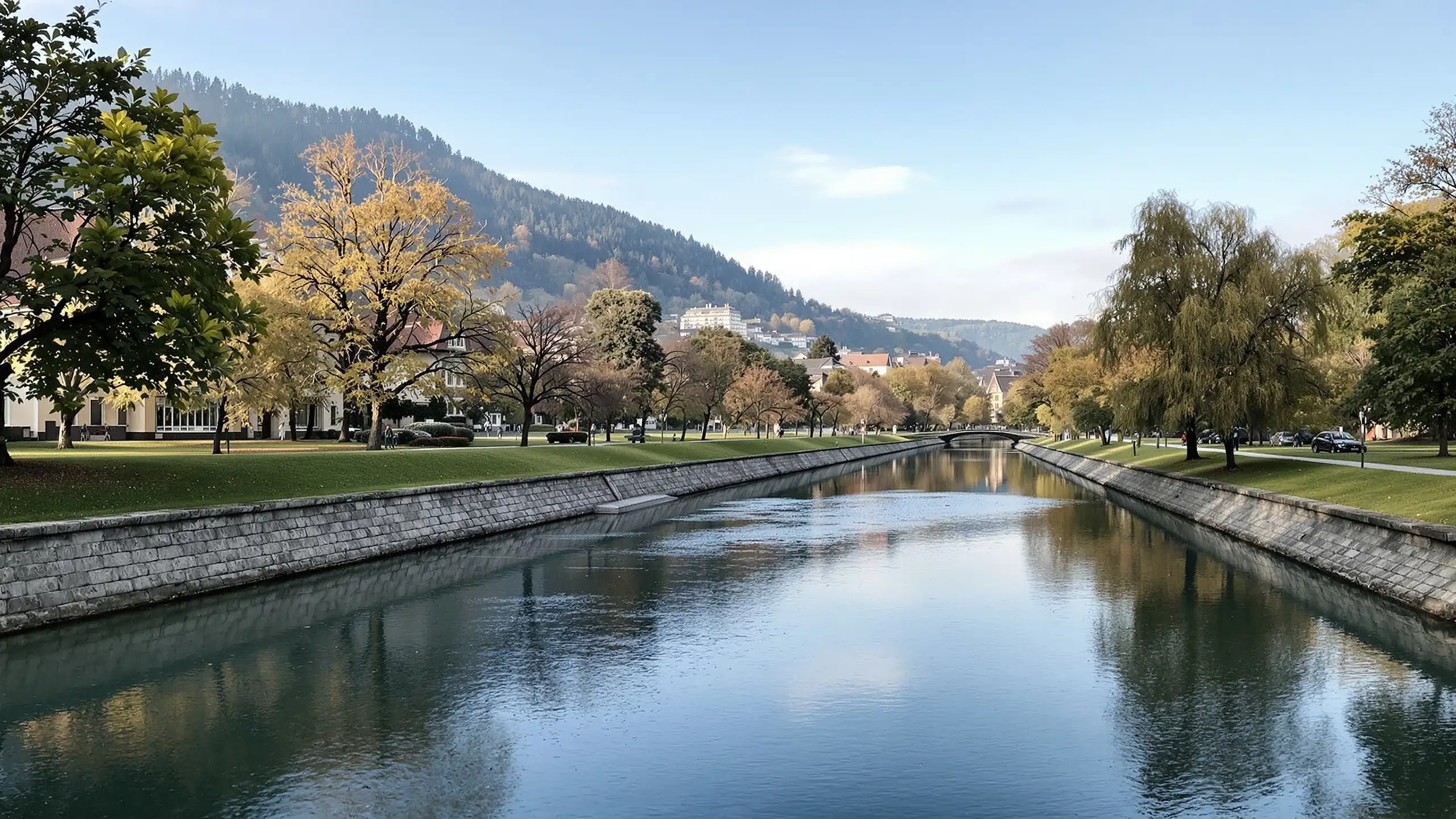 Fluss durch den Park einer Schweizer Stadt, Ufermauer und alte Bäume im Morgenlicht