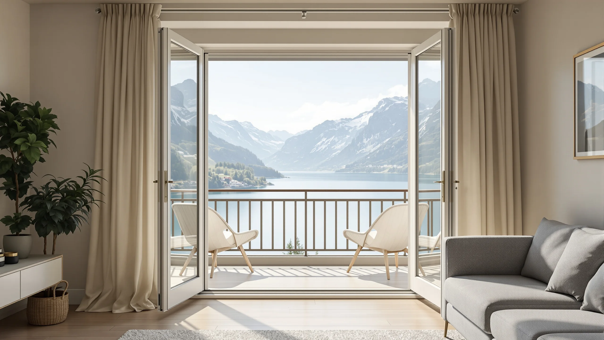 A calm apartment with the balcony door open onto a wide view across the lake