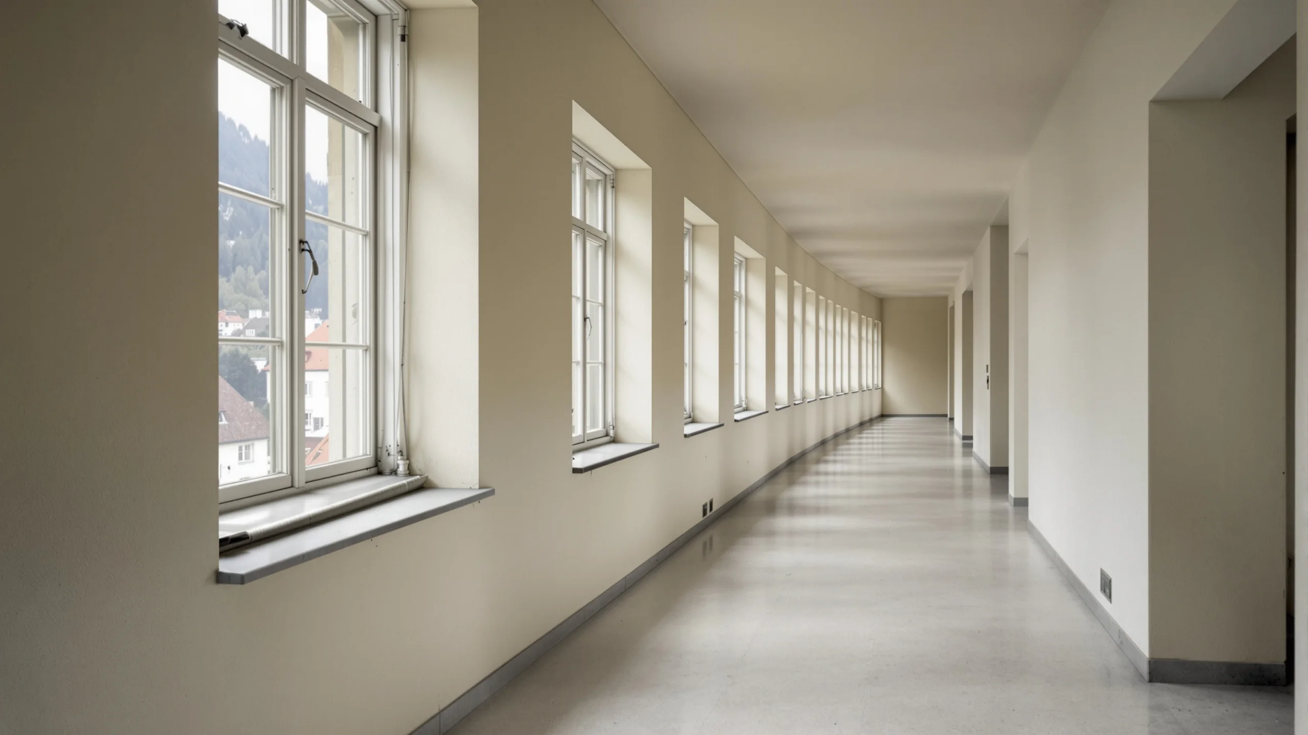 Langer heller Obergeschosskorridor eines älteren Schweizer Wohnhauses mit einer Fensterreihe, hinter jedem Fenster ein anderer Ausschnitt des Ortes