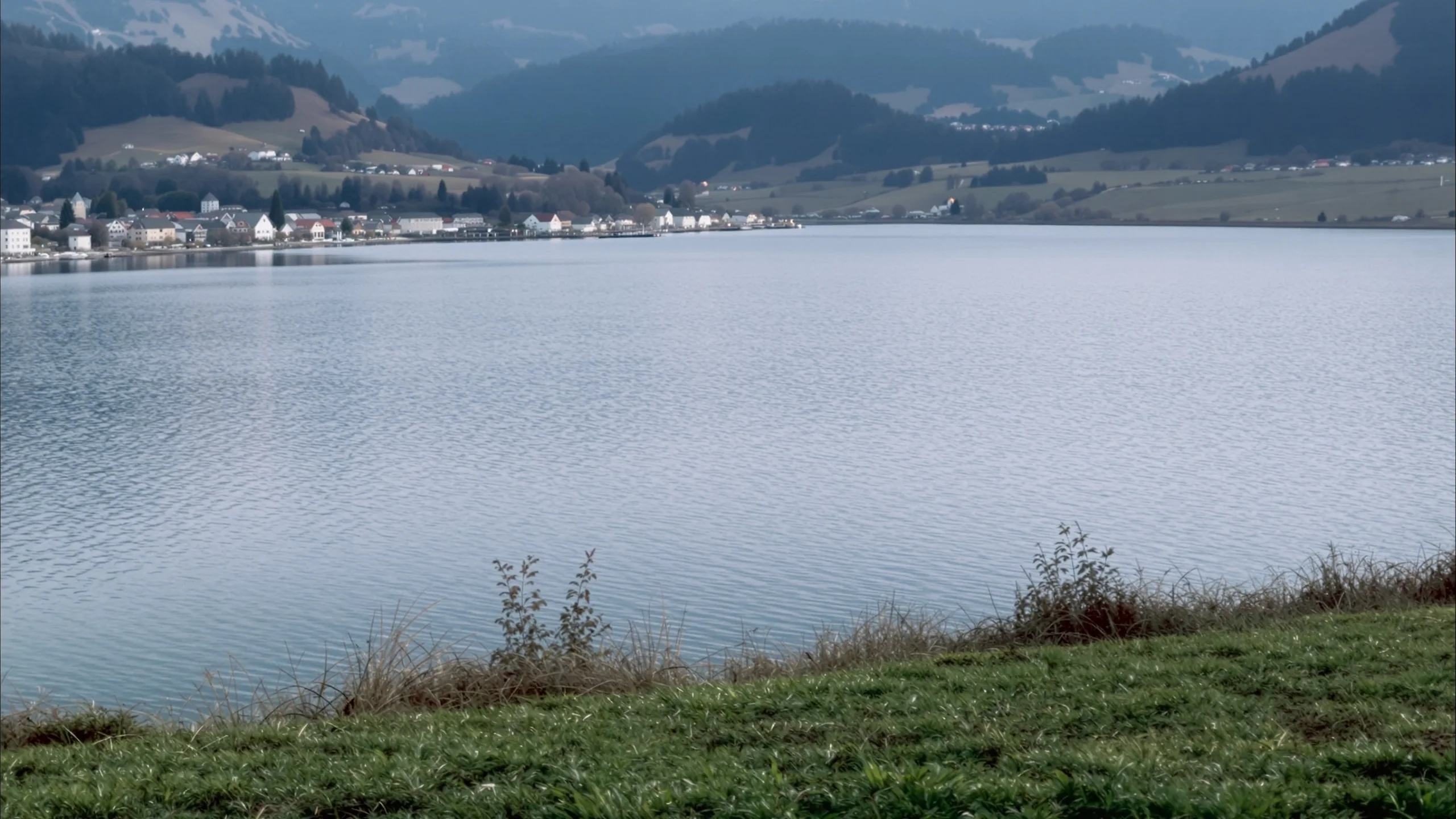 A grassy bank above a wide calm lake in flat light, the far shore and its small town lost in haze