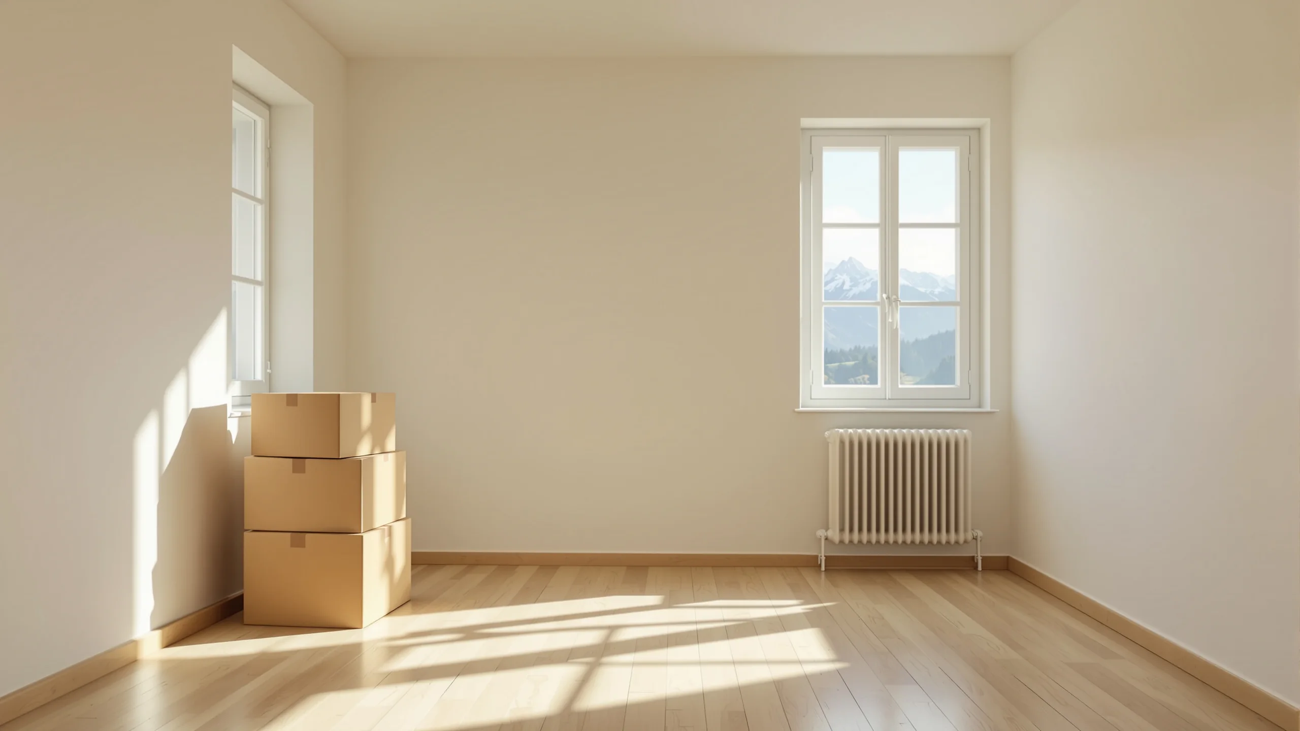 Geräumte Wohnung mit kahlen Wänden und Nachmittagslicht auf den Dielen