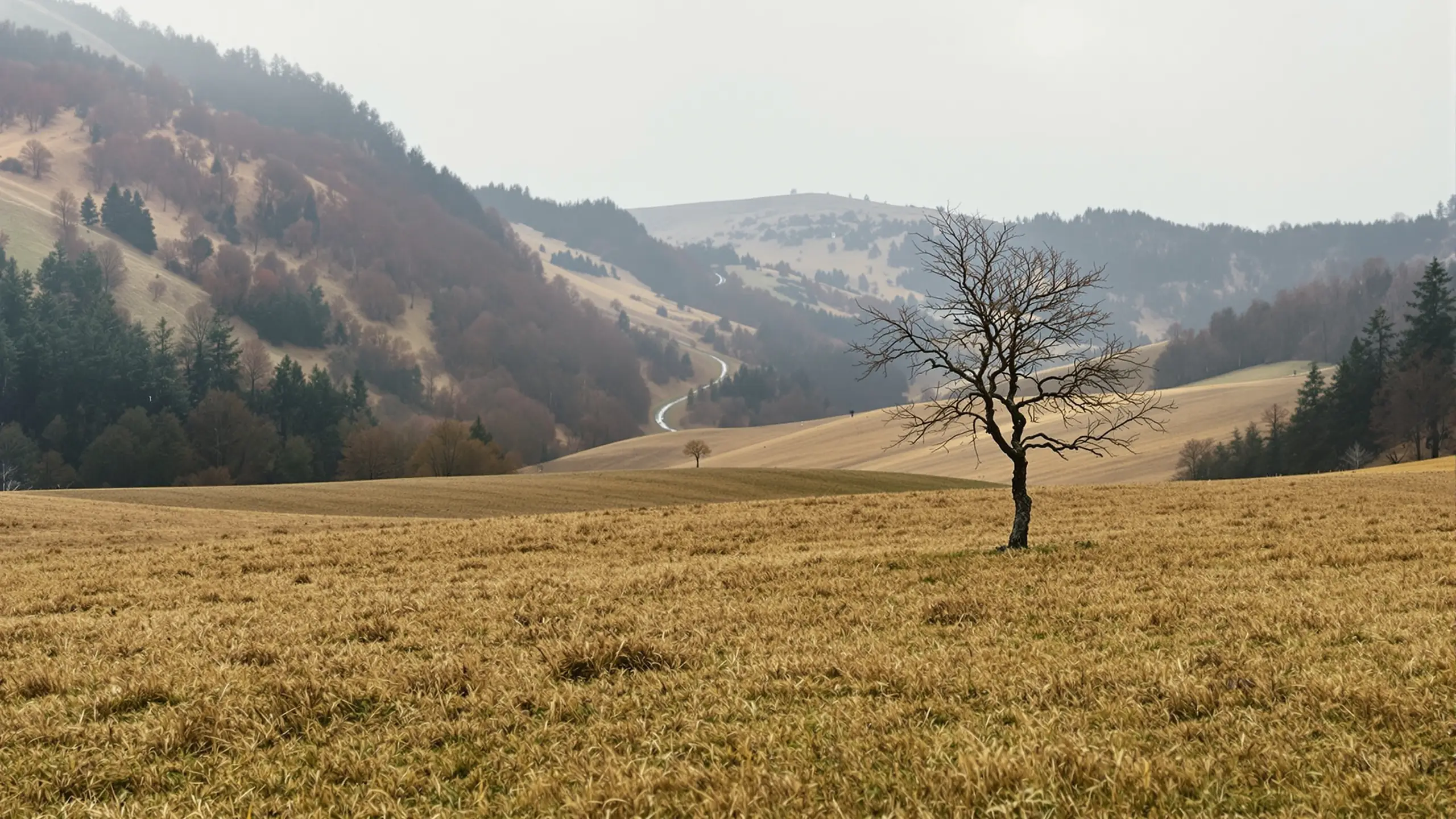 Herbstliche Landstraße, die aus einem kleinen Dorf hinausführt